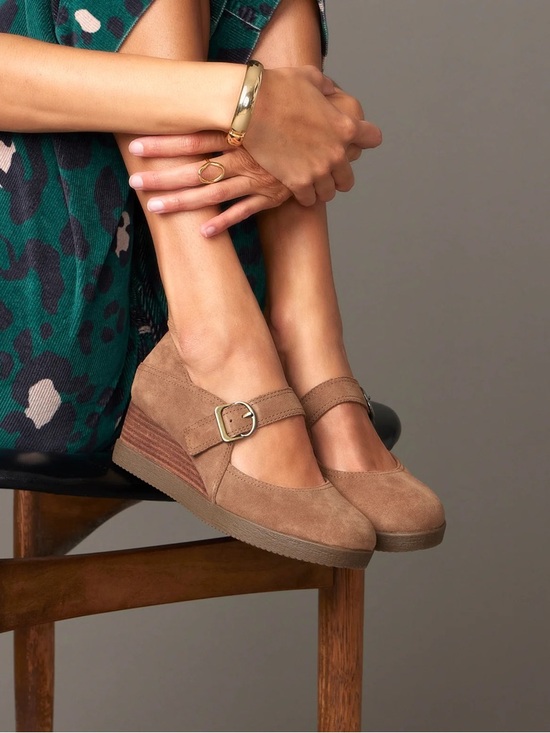 Dansko Shoes - Dansko Taupe Suede Mary Jane Wedge with Buckle Strap